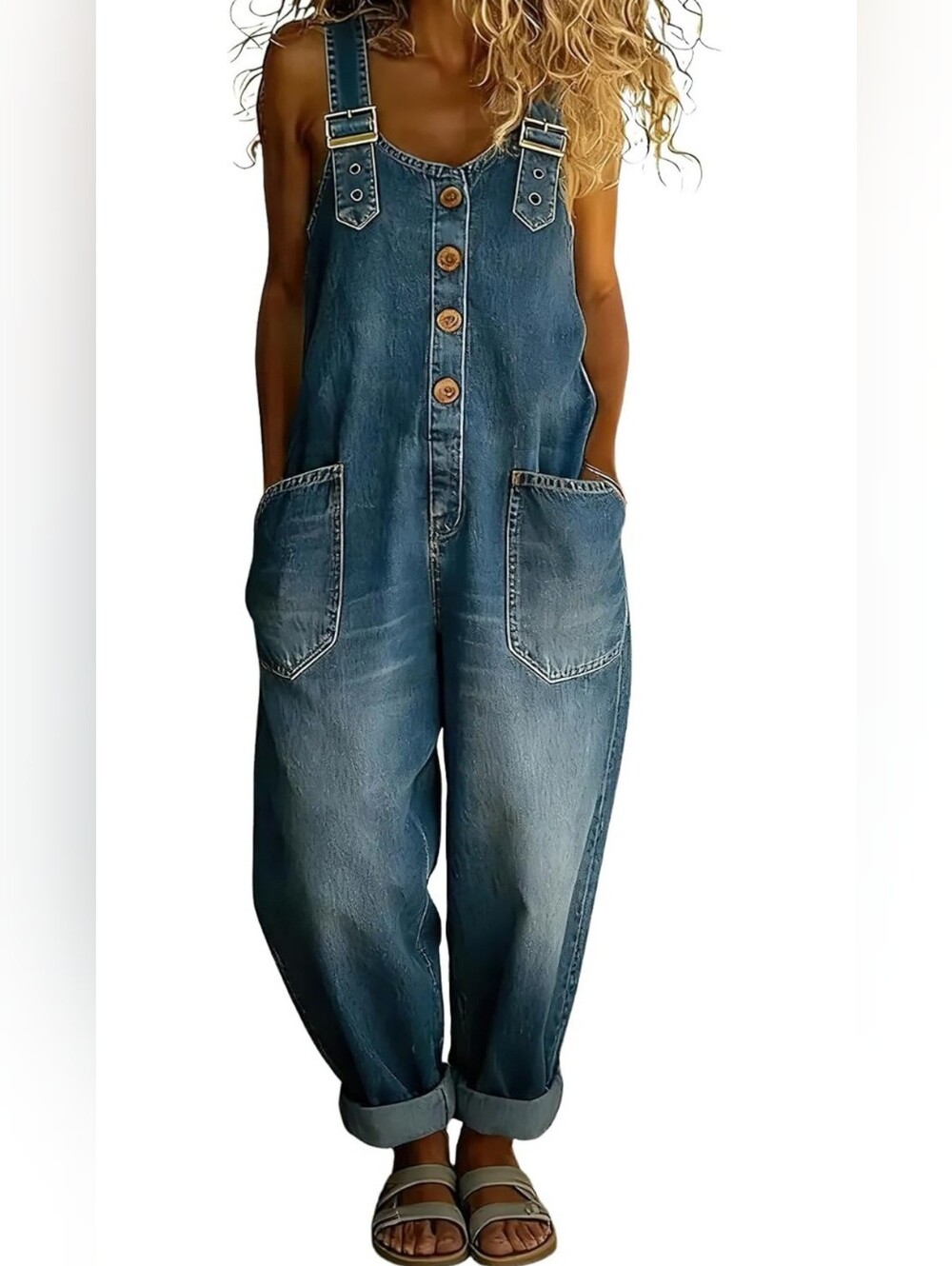 Women's Blue Denim Button-Front Overalls